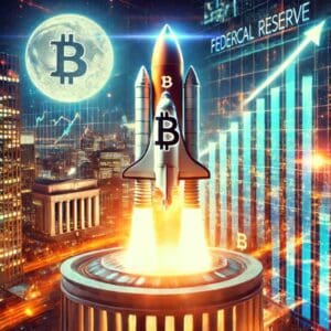 Raketa s Bitcoin simbolom uzlijeće prema Mjesecu, simbolizirajući uspjeh kriptovaluta u financijama.