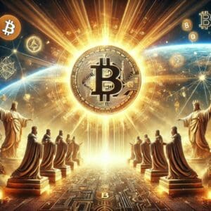 Zlatni Bitcoin simbol okružen figurama, slavi moć kriptovaluta u digitalnom svijetu.