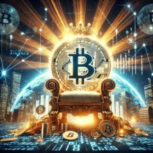 Zlatni tron Bitcoina u digitalnom svijetu simbolizira moć i globalno bogatstvo kriptovaluta.
