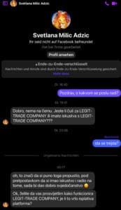 Svetlana Milic Adzic razgovara o LEGIT-TRADE COMPANY na sigurnoj chat platformi.