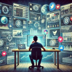 Futuristički prostor za analizu kriptovaluta s višestrukim ekranima i interaktivnim podacima.