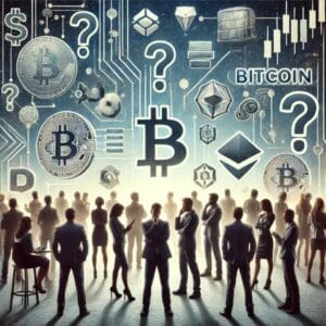 Siluete profesionalaca raspravljaju o kriptovalutama uz simbole Bitcoina i Ethereuma.