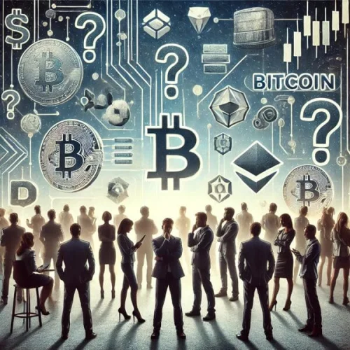 Ljudi raspravljaju o kriptovalutama pred dinamičnom pozadinom s simbolima Bitcoina i Ethereuma.