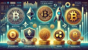 Ulaganje u kriptovalute: sjajne kovanice i raketa simboliziraju rast i prilike za uspjeh.