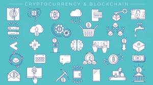 Infografika o kriptovalutama i blockchain tehnologiji s raznim simbolima i ikonama.