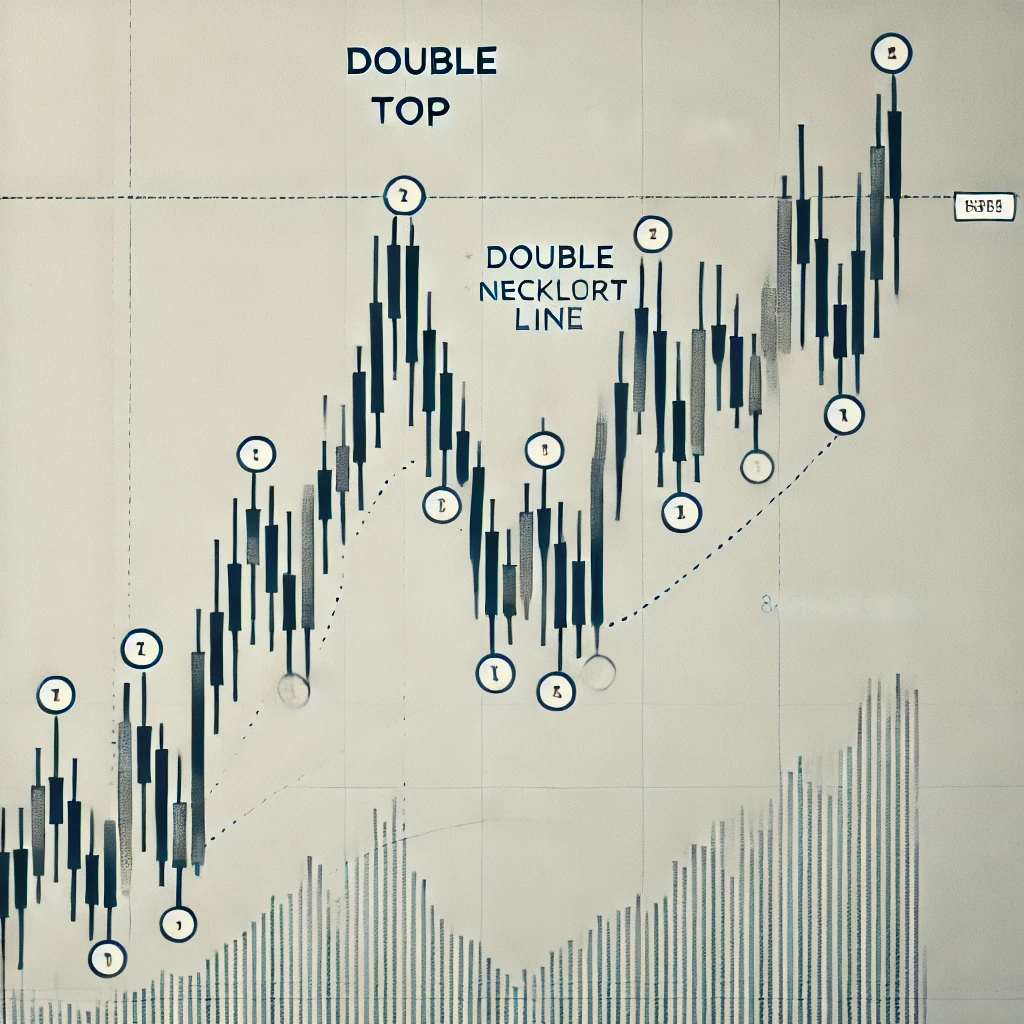 Analiza uzorka Double Top s candlestick grafikonima i volumenom za trgovinske odluke.,pattern