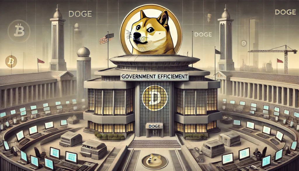 Trump i Musk Pokreću DOGE Ultimate Bureaucracy Breaker Centralna zgrada za Dogecoin s Doge meme-em, simbol moderne digitalne birokracije.