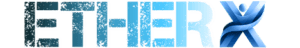 Moderno ETHERX logo s dinamično plavim gradientom i jedinstvenim stiliziranim X.