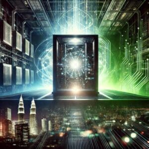 Futuristički server svijetli u urbanom skladu, simbolizirajući vezu tehnologije i grada.