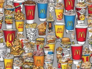 Živopisna ilustracija brze hrane s McDonalds ambalažom i raznovrsnim hranom.