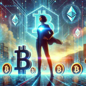 Futuristička scena kriptovaluta s Bitcoinom i Ethereumom u dinamičnom digitalnom gradu.