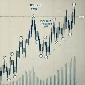 Analiza Double Top uzorka s candlestick grafikonima i volumenskim podacima za trgovanje.