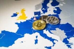 Prikaz kripto valuta u Europi s Bitcoinom, Litecoinom i EU zastavom.