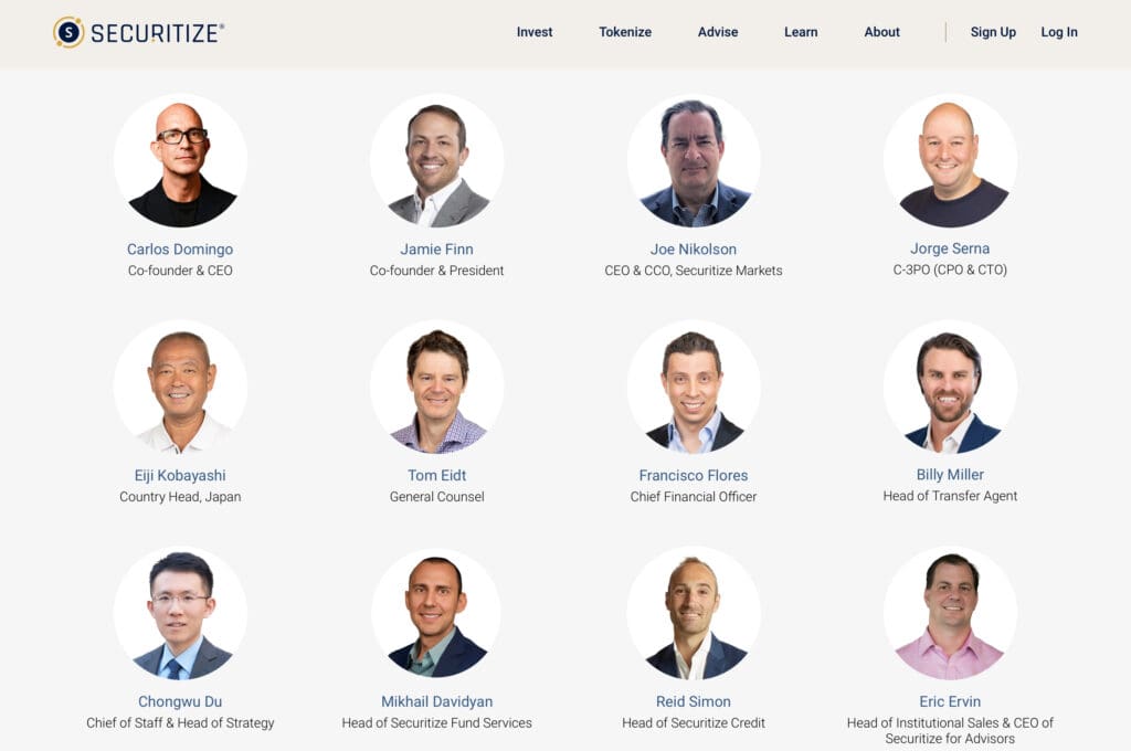 Tim Securitize - stručnjaci za investicije, tokenizaciju i financijske usluge u profesionalnom okruženju.