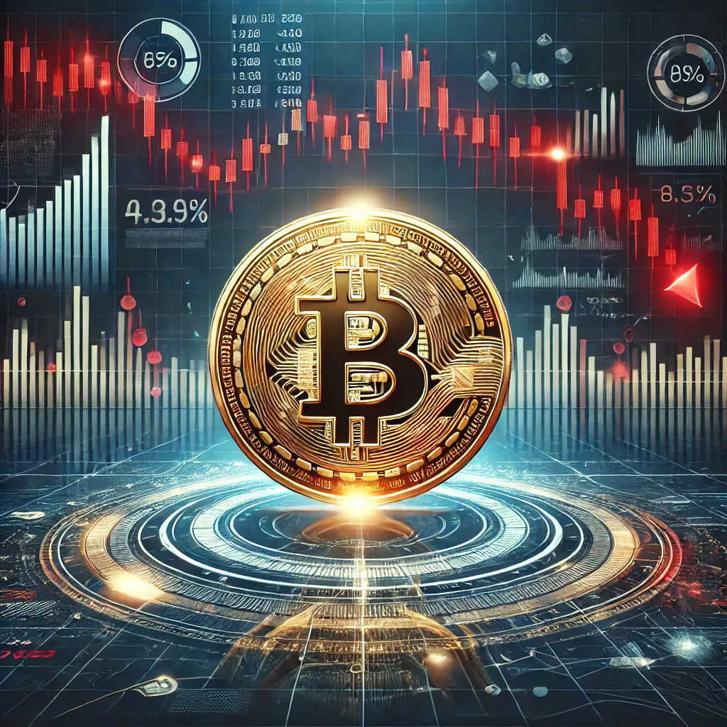 Zlatni Bitcoin simbol s grafikonima prikazuje volatilnost tržišta kriptovaluta i analizu investicija. Pad