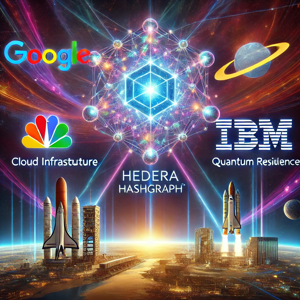 Futuristička slika tehnologije, uključujući Google, IBM i Hedera Hashgraph, u svemiru.