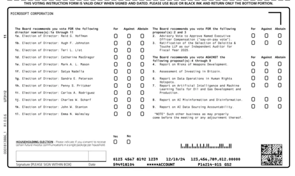 Upute za glasanje dioničara Microsofta o izboru direktora i prijedlozima.