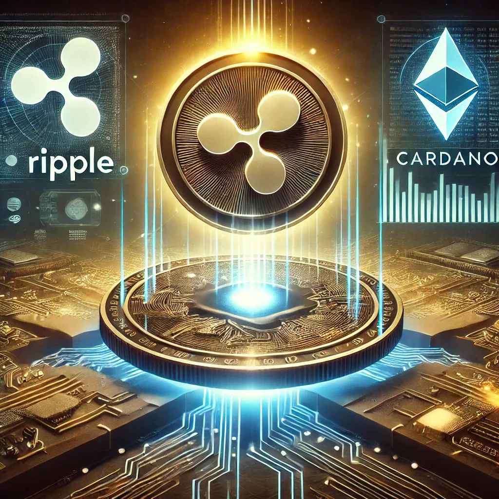 Futuristička ilustracija Ripple i Cardano kriptovaluta s tehnologijom i povezanošću.