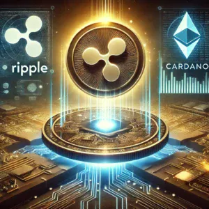 Futuristička vizualizacija Ripple i Cardano kriptovaluta s digitalnim elementima i diagramima.