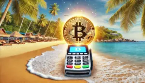 Tropska plaža s terminalom za kreditne kartice i Bitcoin simbolom na pijesku.