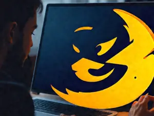 Osoba fokusirana na laptop s dinamičnim logotipom u tamnom okruženju.