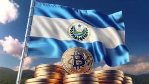 Zastava El Salvador s Bitcoin novčićima, simbolizira modernu ekonomiju i nacionalni identitet.