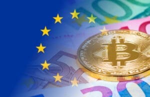 Bitcoin na euro novčanicama uz EU zastavu, ističući digitalnu valutu i financijsku evoluciju.