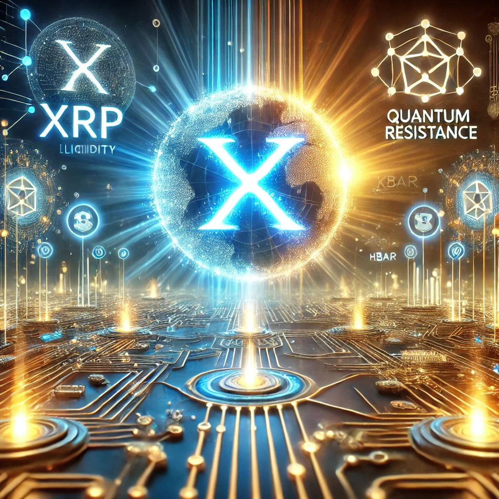 Futuristička vizualizacija kriptovaluta i blockchain-a s fokusom na XRP i kvantnu otpornost.