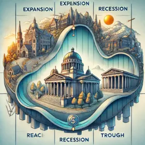 Ilustracija ekonomskih ciklusa: ekspanzija, vrhunac, recesija i dno s simbolima rasta.