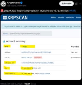 Elon Musk posjeduje 16,783 milijuna XRP prema XRPSCAN podacima u ovom tweetu.