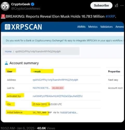 Elon Musk posjeduje 16,783 milijuna XRP prema XRPSCAN podacima u ovom tweetu.