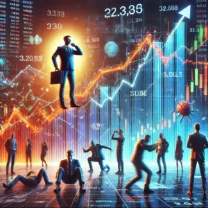 Dinamična ilustracija financija s grafikonom rasta i poslovnim likovima u akciji.