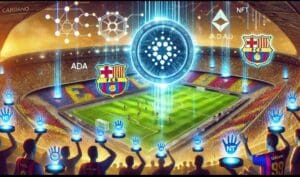 Futuristički nogometni stadion s digitalnim valutama i interakcijom navijača kroz NFT-ove.