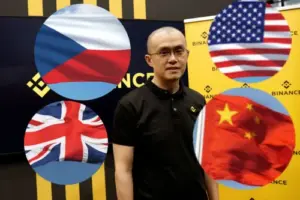 Osoba ispred Binance loga s globalnim zastavama: Češka, SAD, UK, Kina u pozadini.