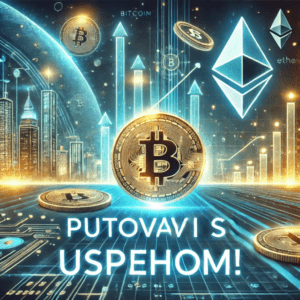 Futuristički prikaz Bitcoin i Ethereum sa svjetskim dosegom i tehnološkim gradom.