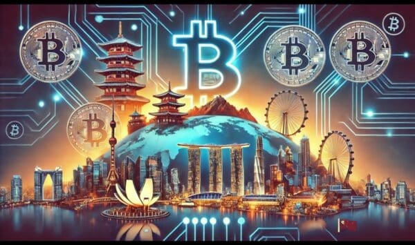 Futuristički pejzaž s Bitcoin simbolima, globalnim gradom i digitalnom povezanošću noću.