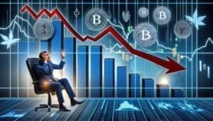 Kriptovaluta tržišna volatilnost, čovjek u panici, crvena strelica dolje, simboli Bitcoin i drugih.