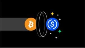 Grafički prikaz konverzije Bitcoina u USD Coin s crnom pozadinom.