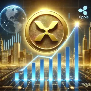 Futuristički grad s Ripple logotipom simbolizira uspjeh u kriptovalutama i financijskoj tehnologiji.