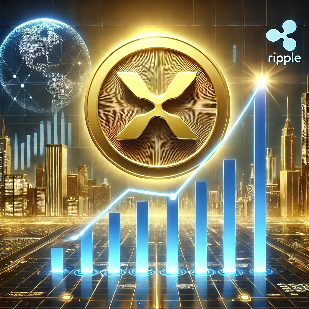 Futuristički grad s Ripple logotipom simbolizira uspjeh u kriptovalutama i financijskoj tehnologiji.miliona, xrp,sec,pobjeda