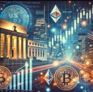 Složen digitalni kolaž koji prikazuje spoj tradicionalnih financija, tehnologije i kriptovaluta.