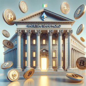Klasična banka Intesa Sanpaolo sa simbolima Bitcoina i Ethereuma spaja tradiciju i inovaciju.