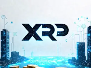 XRP logo symbolizira digitalnu valutu unutar futurističkog gradskog pejzaža s kriptovalutama.