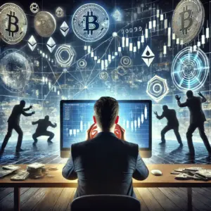 Čovjek trguje kriptovalutama u noćnom uredu s pogledom na digitalne valute.