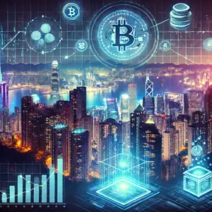 Noćni urbani pejzaž Hong Konga s kriptovalutama, blockchain-om i svjetlucavim gradskim svjetlima.