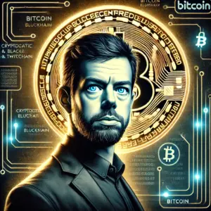 Ilustracija Jack Dorsey s Bitcoin simbolom i kriptovaluta motivima satoshi nakamoto.