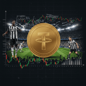 Kryptovaluta T na zlatnoj kovanici ispred nogometnog stadiona i financijskog grafa.