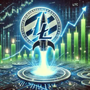 Litecoin raketa: brzi rast, zelene svijeće, blockchain tehnologija, financijska budućnost.