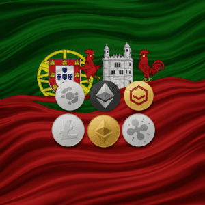 Zastava Portugala s kriptovalutama: Bitcoin, Ethereum, Litecoin i Ripple.