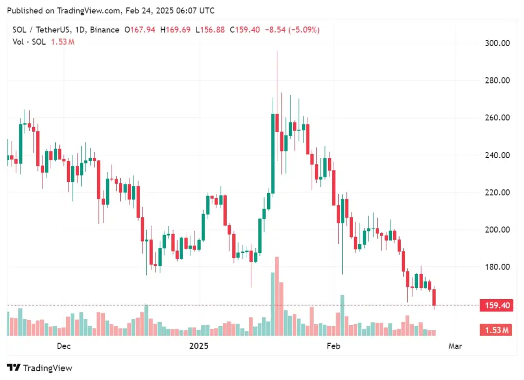 Solana (SOL) vs Tether (USDT) daily chart, high volatility, large volume, Binance, Feb 2025.